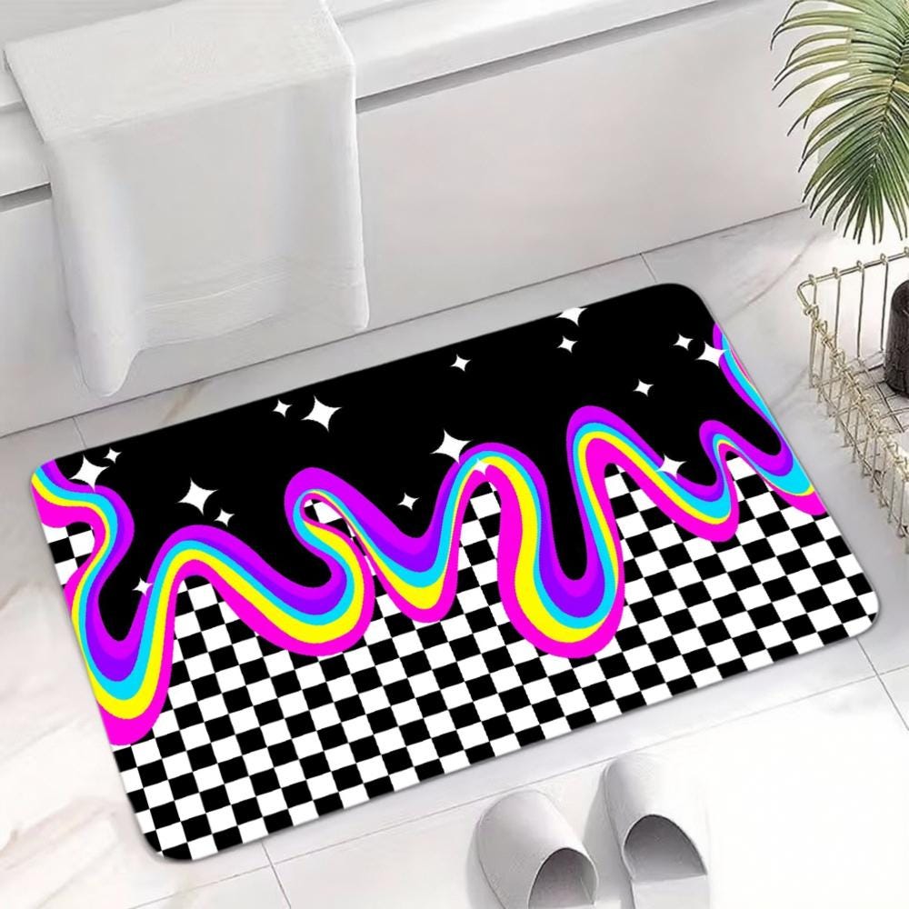 Neon Rainbow Drip Checkerboard Doormat – Non-Slip Entry Rug