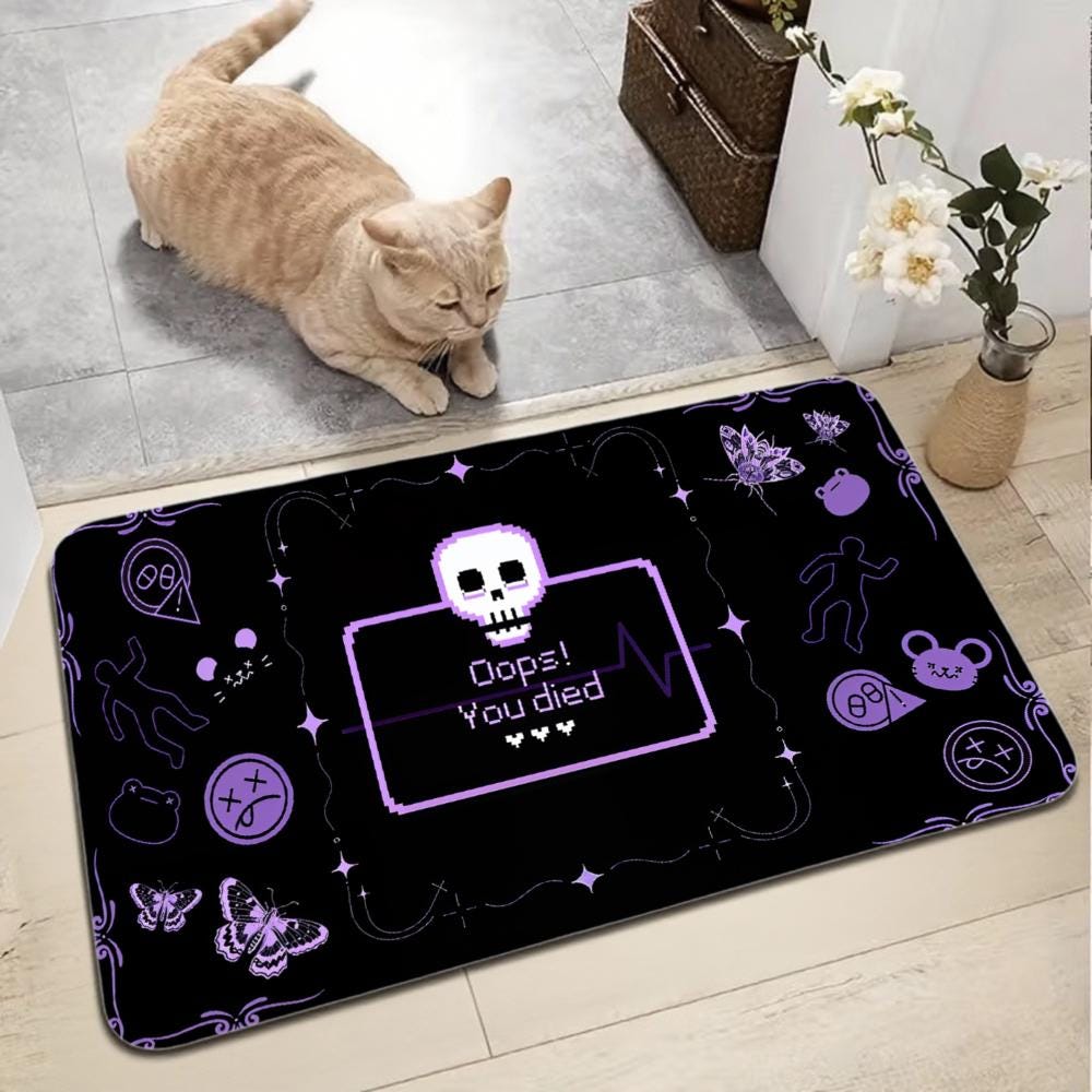 Oops! You Died Skull Doormat – Black & Purple Gaming Rug