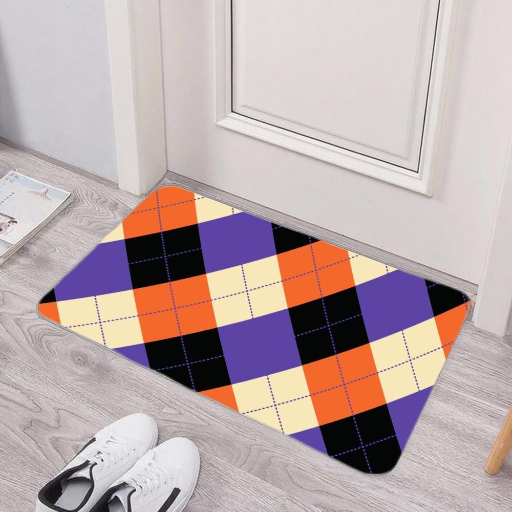 Purple & Orange Argyle Door Mat – Modern Non-Slip Floor Rug