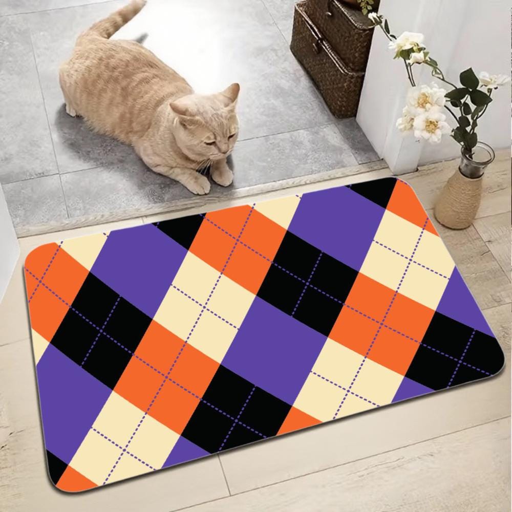 Purple & Orange Argyle Door Mat – Modern Non-Slip Floor Rug