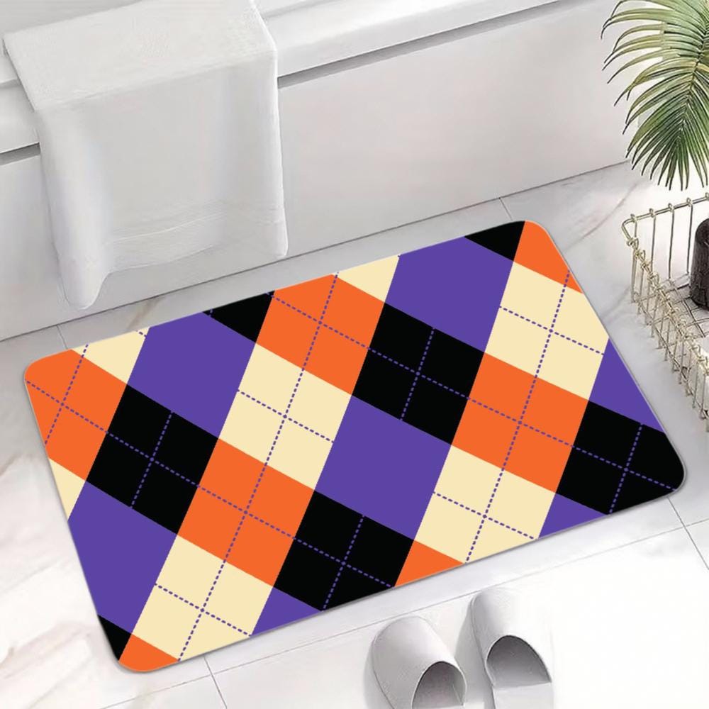 Purple & Orange Argyle Door Mat – Modern Non-Slip Floor Rug