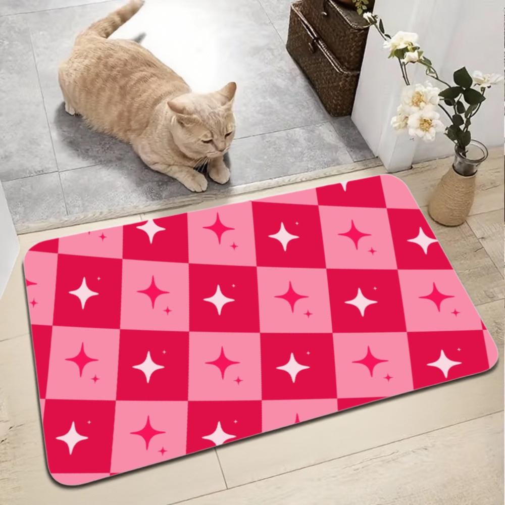 Pink Star Checkered Bath Mat – Non-Slip Retro Floor Rug