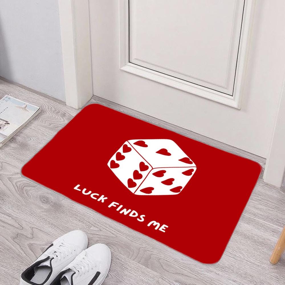 Red Dice Rug – "Luck Finds Me" Non-Slip Entryway Mat