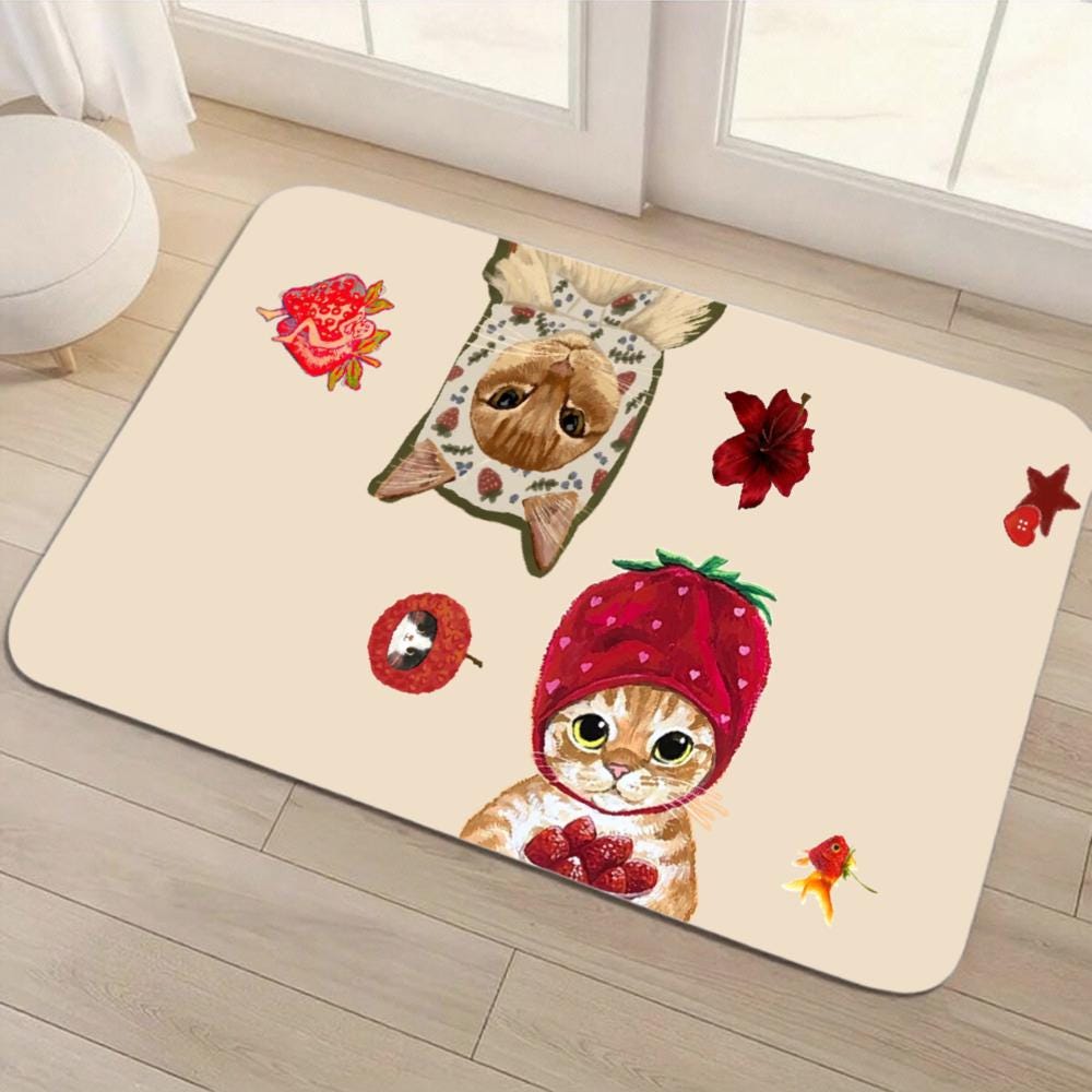 Strawberry Hat Kitten Floor Mat – Non-Slip Nursery Rug