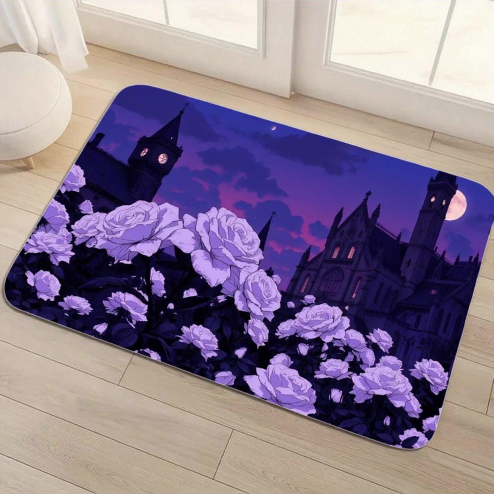 Gothic Castle Floor Mat – Moonlit Purple Roses, Non-Slip Entry Rug