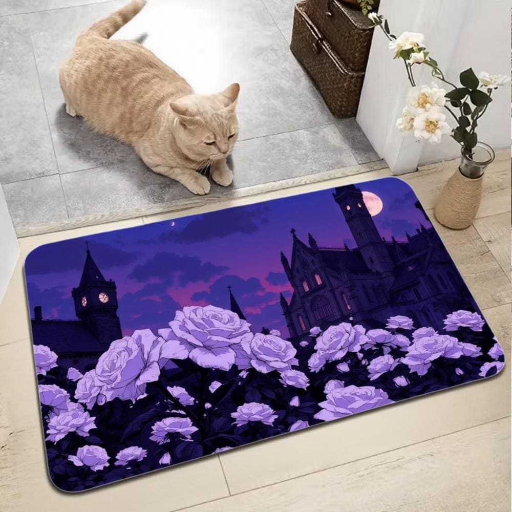 Gothic Castle Floor Mat – Moonlit Purple Roses, Non-Slip Entry Rug