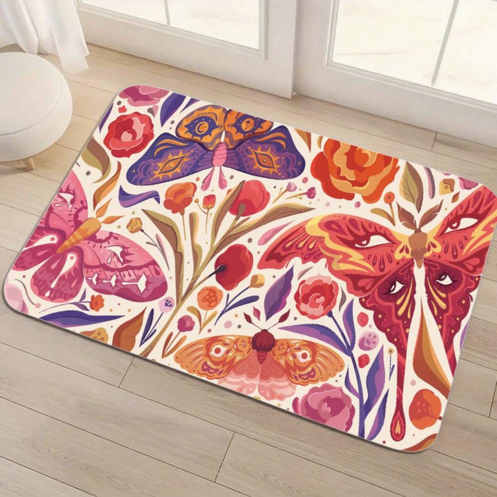 Boho Moth Floral Floor Mat – Non-Slip Rose Rug