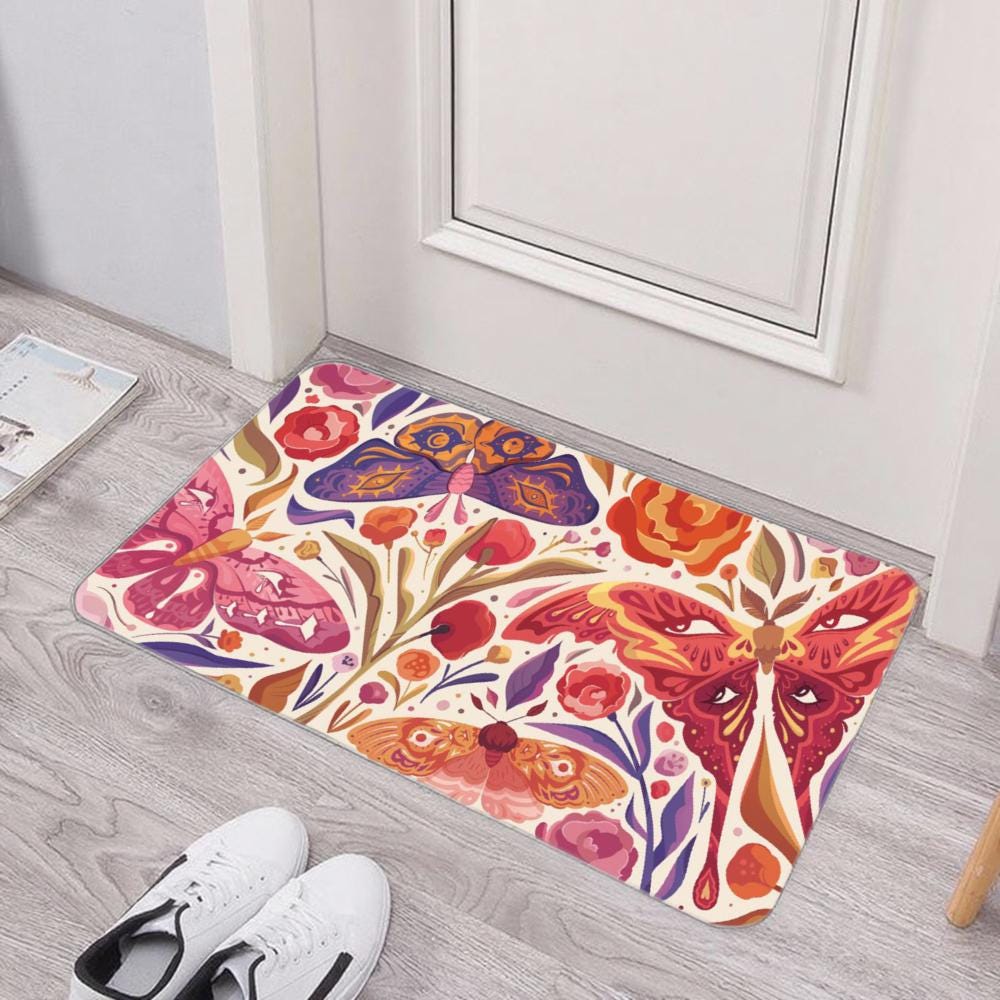 Boho Moth Floral Floor Mat – Non-Slip Rose Rug