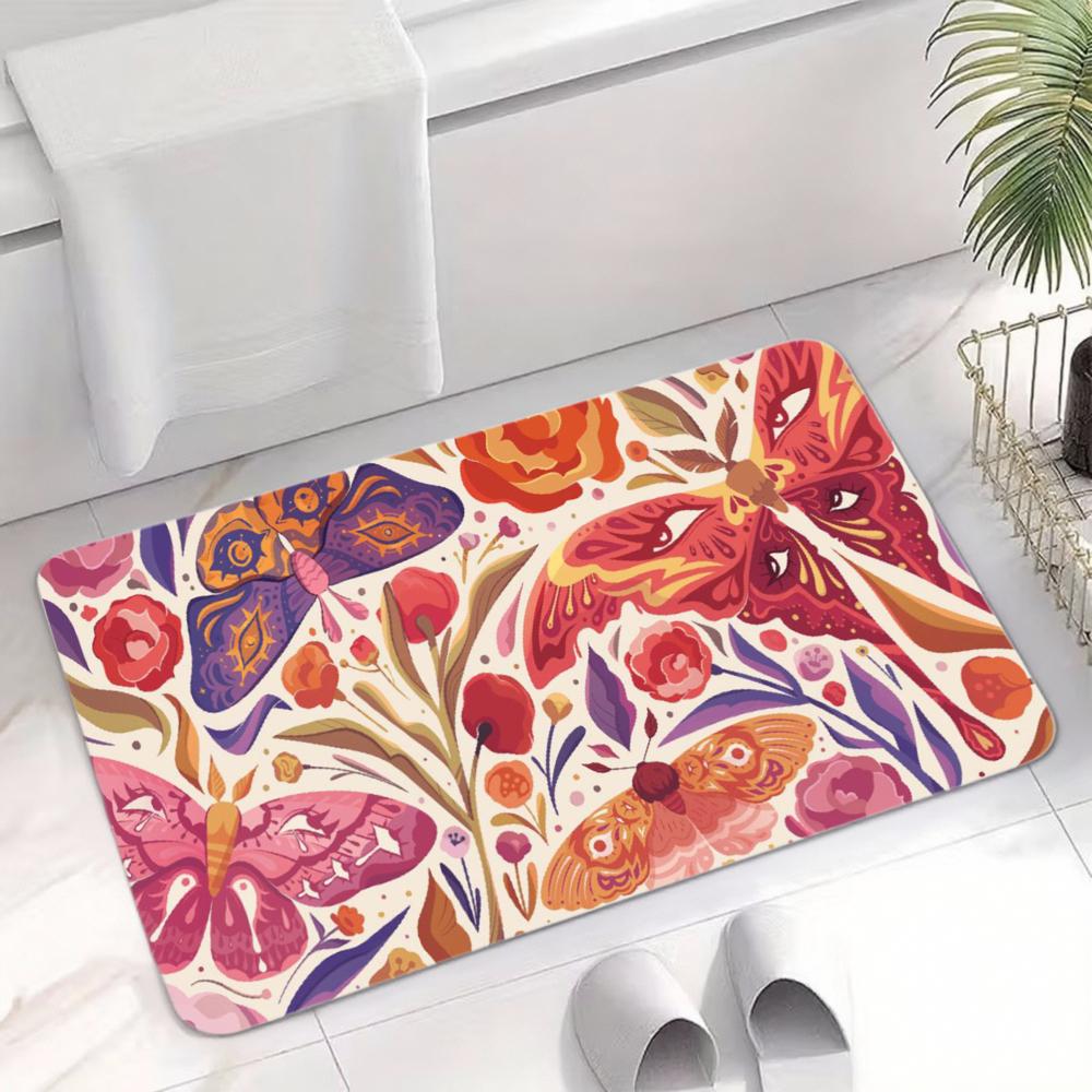 Boho Moth Floral Floor Mat – Non-Slip Rose Rug