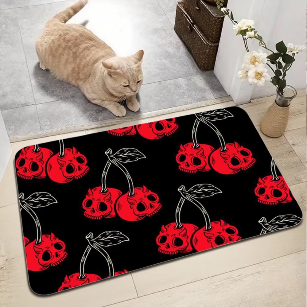 Red Skull Cherry Floor Mat, Gothic Punk Accent Rug