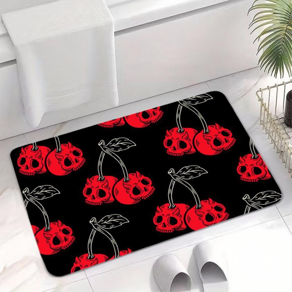 Red Skull Cherry Floor Mat, Gothic Punk Accent Rug