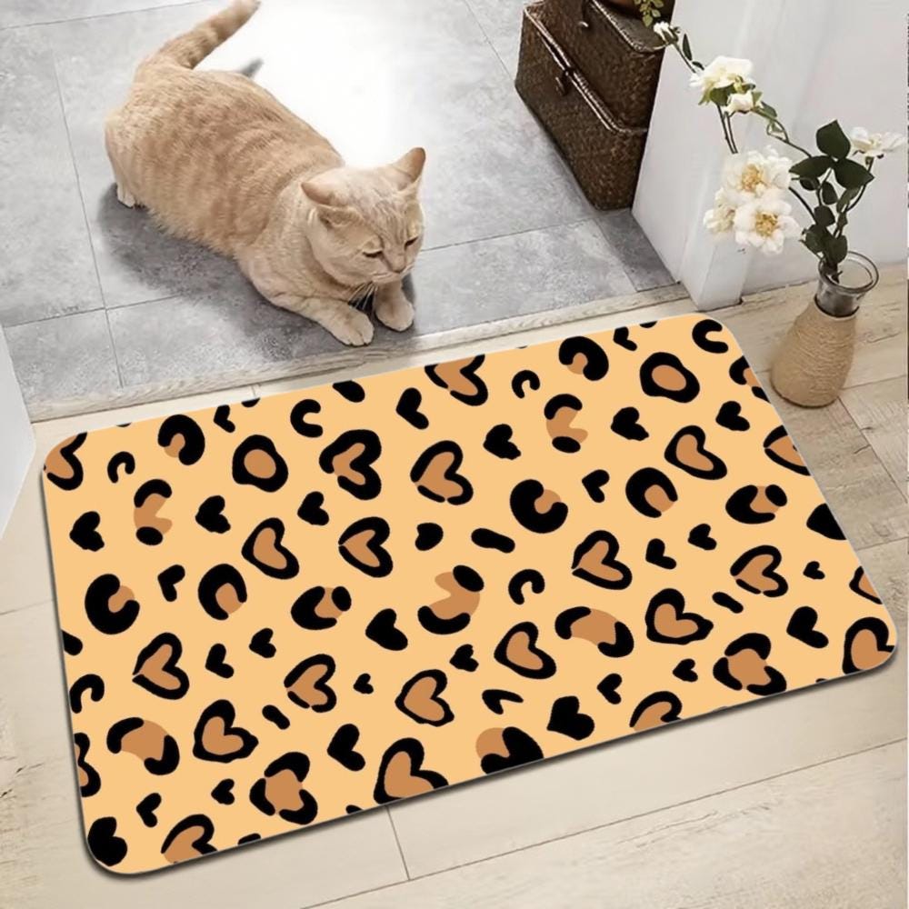 Leopard Heart Print Floor Mat – Non-Slip Beige Animal Rug