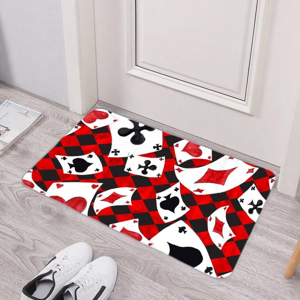 Red & Black Playing Cards Floor Mat – Checkerboard Poker Rug