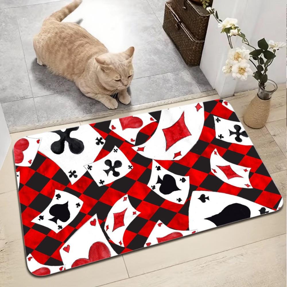 Red & Black Playing Cards Floor Mat – Checkerboard Poker Rug
