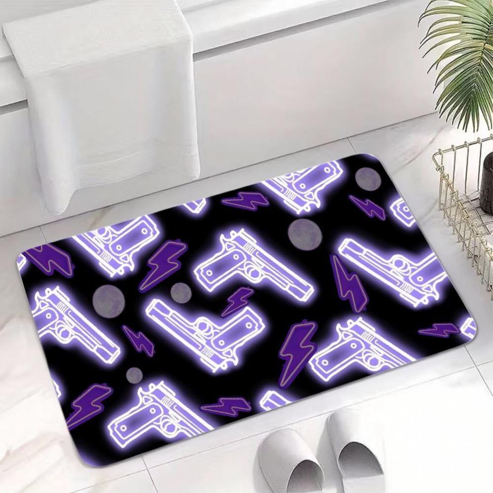 Neon Purple Gun Pattern Floor Mat — Glowing Pistol & Moon Rug, Non-Slip Door Mat for Home, Kitchen, Bath, Vaporwave Gothic Room Accent