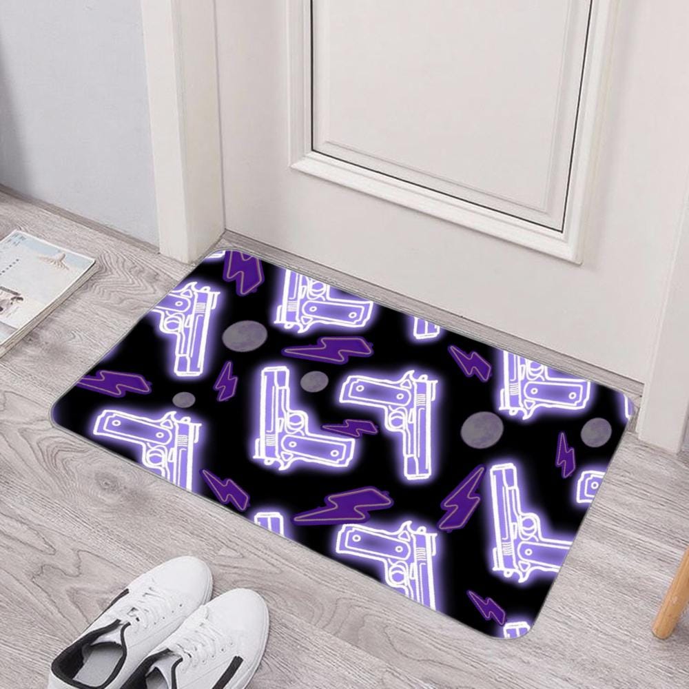 Neon Purple Gun Pattern Floor Mat — Glowing Pistol & Moon Rug, Non-Slip Door Mat for Home, Kitchen, Bath, Vaporwave Gothic Room Accent