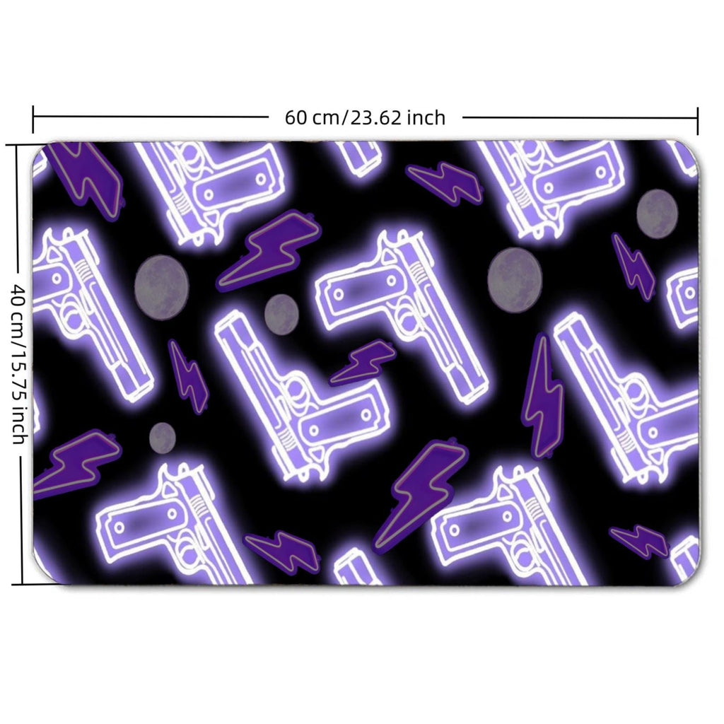 Neon Purple Gun Pattern Floor Mat — Glowing Pistol & Moon Rug, Non-Slip Door Mat for Home, Kitchen, Bath, Vaporwave Gothic Room Accent