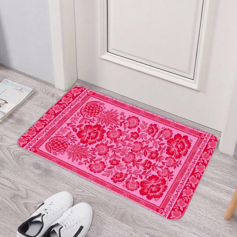 Vintage Pink Floral Bandana Floor Mat, Non-Slip Rubber Backing