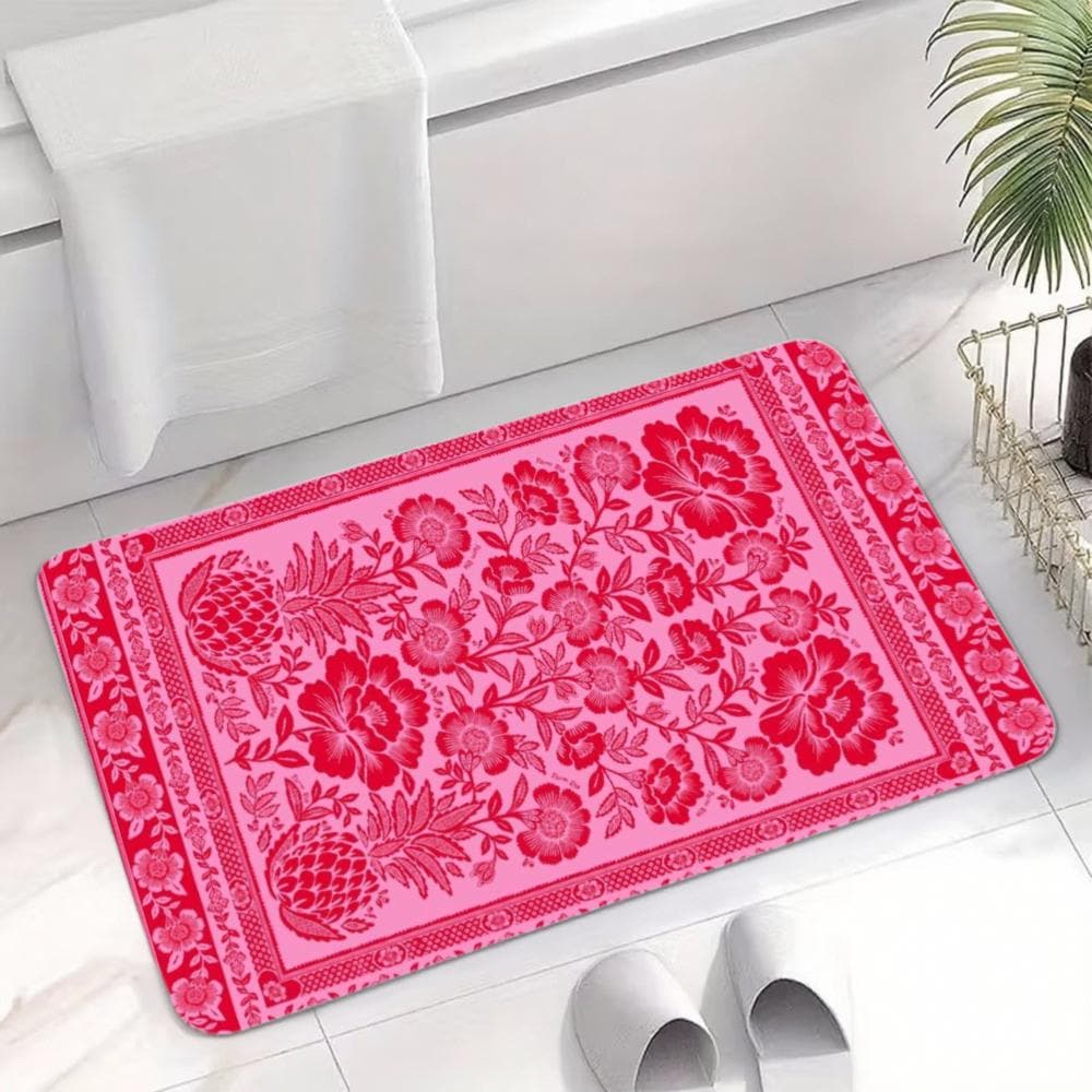 Vintage Pink Floral Bandana Floor Mat, Non-Slip Rubber Backing