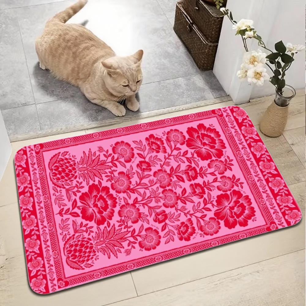 Vintage Pink Floral Bandana Floor Mat, Non-Slip Rubber Backing