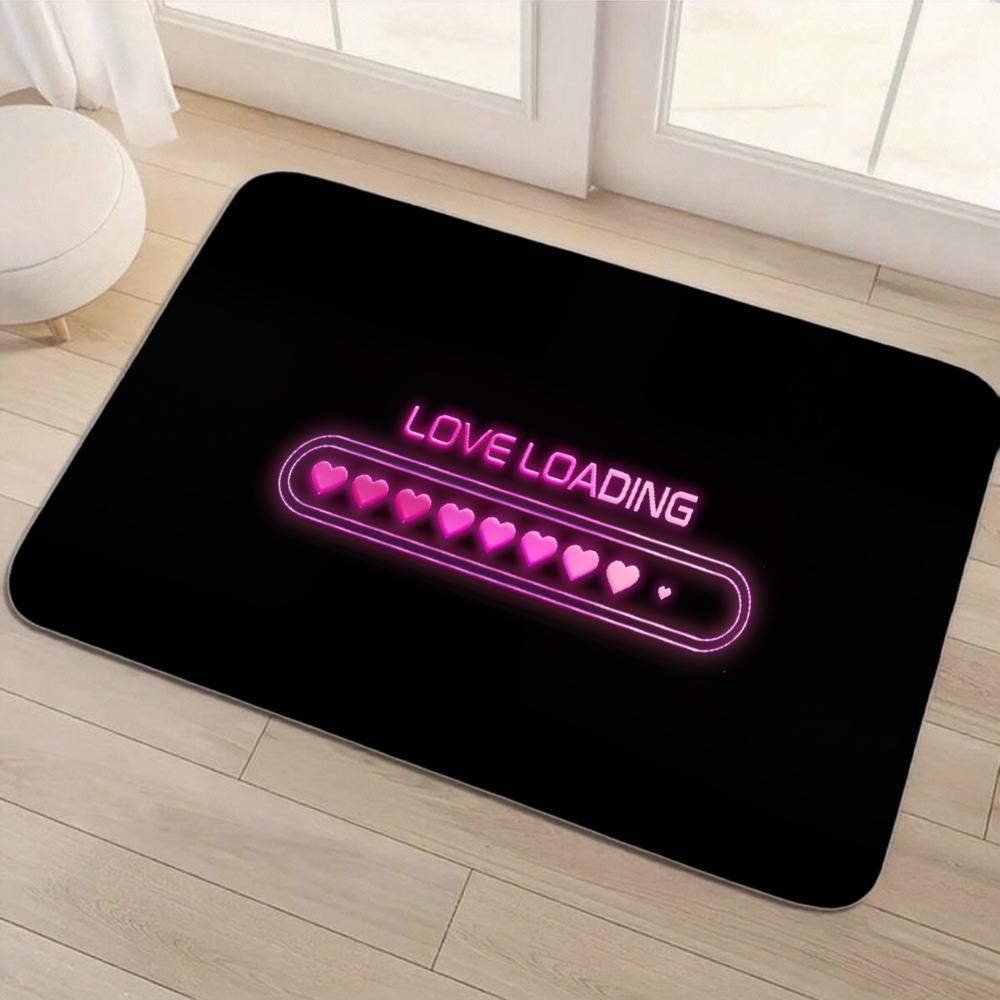 Love Loading Doormat – Pink Neon Heart Progress Bar, Non-Slip Entryway Rug