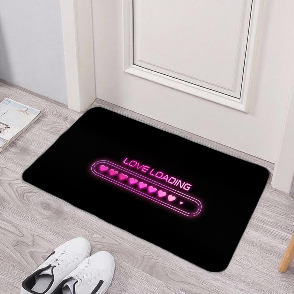 Love Loading Doormat – Pink Neon Heart Progress Bar, Non-Slip Entryway Rug