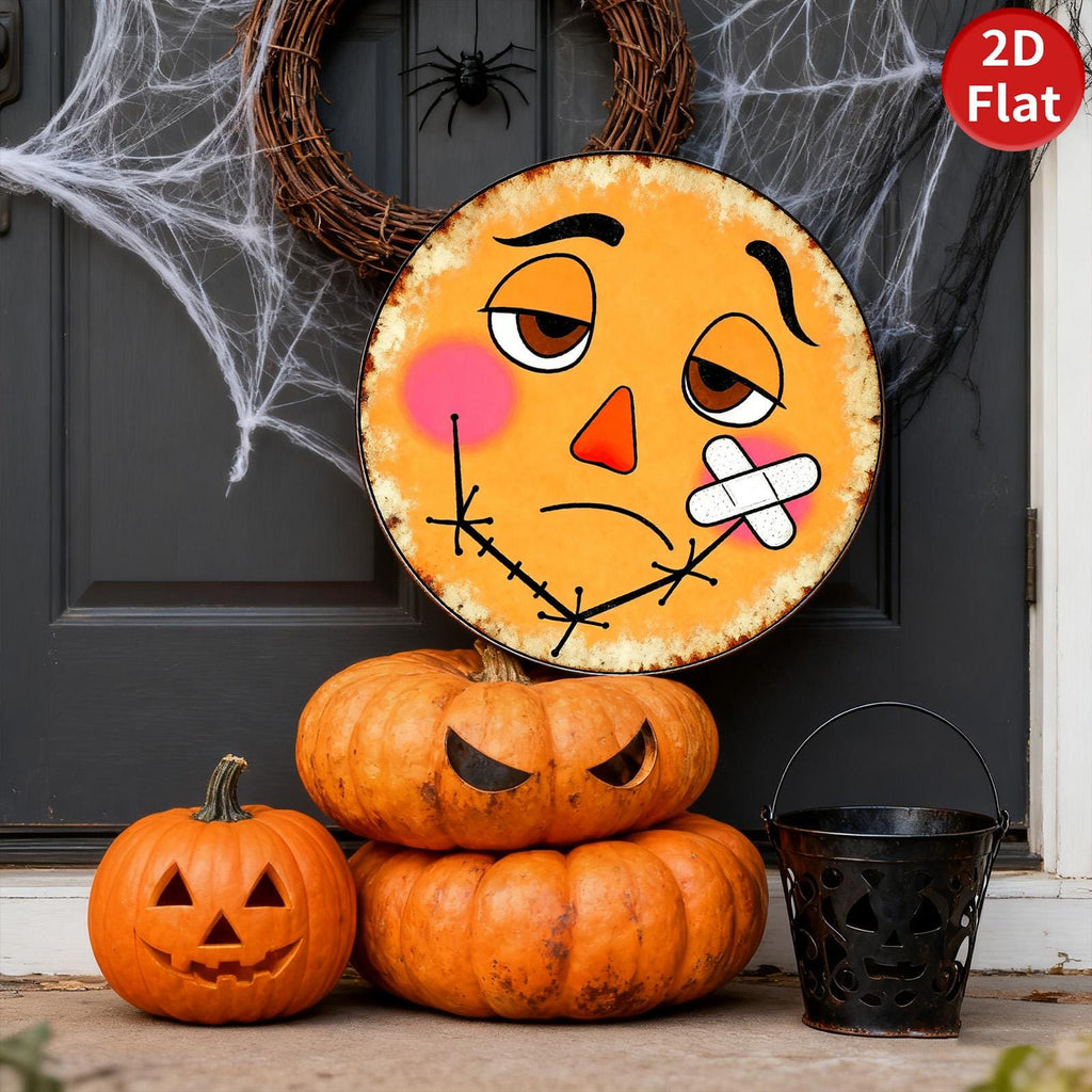 Pumpkin Face Metal Sign - Stitched Mouth, Bandage - Halloween Decor