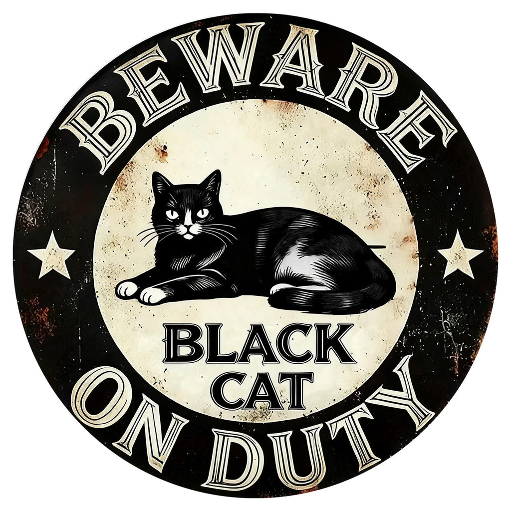 Beware of Black Cat On Duty Metal Sign, Whimsical Gothic Decor
