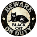 Beware of Black Cat On Duty Metal Sign, Whimsical Gothic Decor