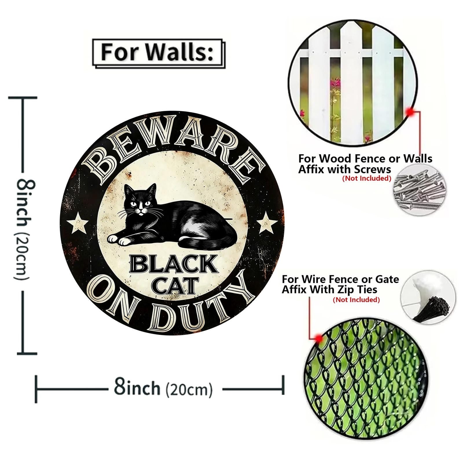 Beware of Black Cat On Duty Metal Sign, Whimsical Gothic Decor