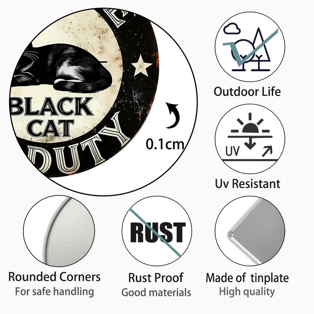 Beware of Black Cat On Duty Metal Sign, Whimsical Gothic Decor