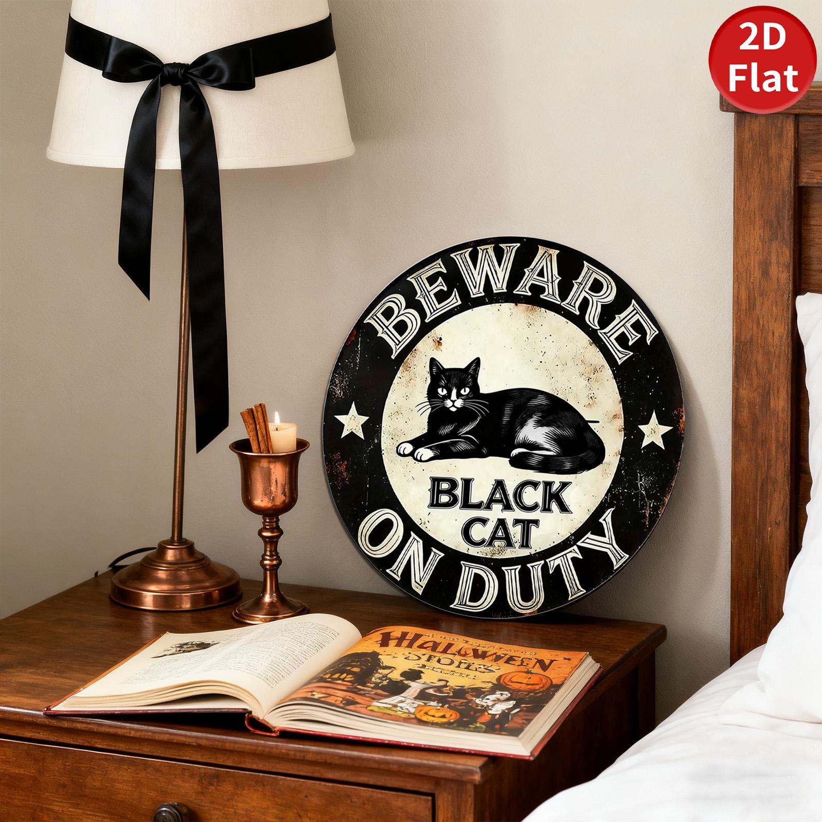 Beware of Black Cat On Duty Metal Sign, Whimsical Gothic Decor