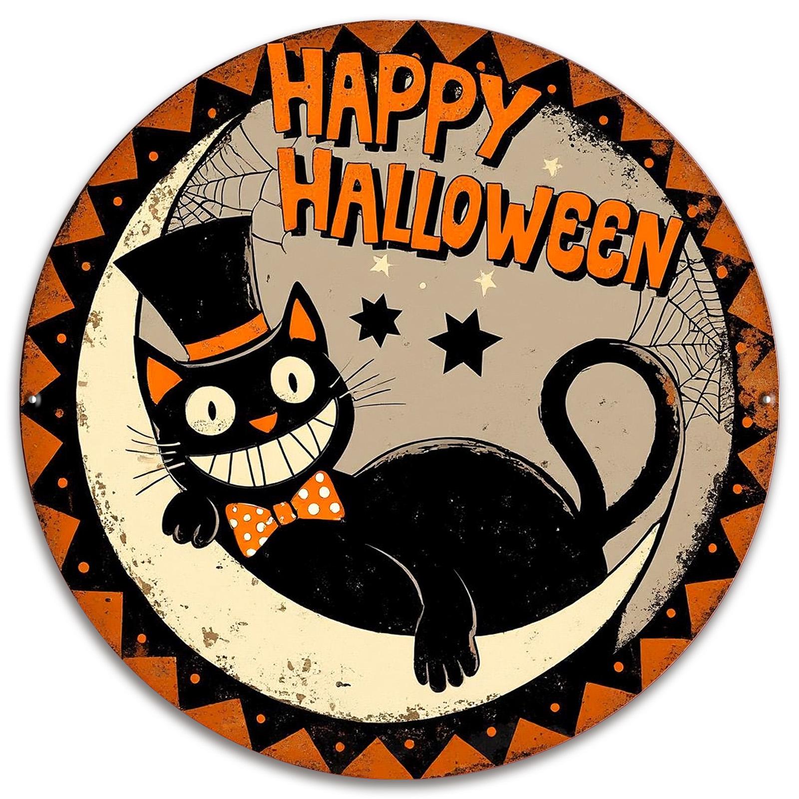 Vintage Halloween Tin Sign, Black Cat Art, Spooky Home Decor