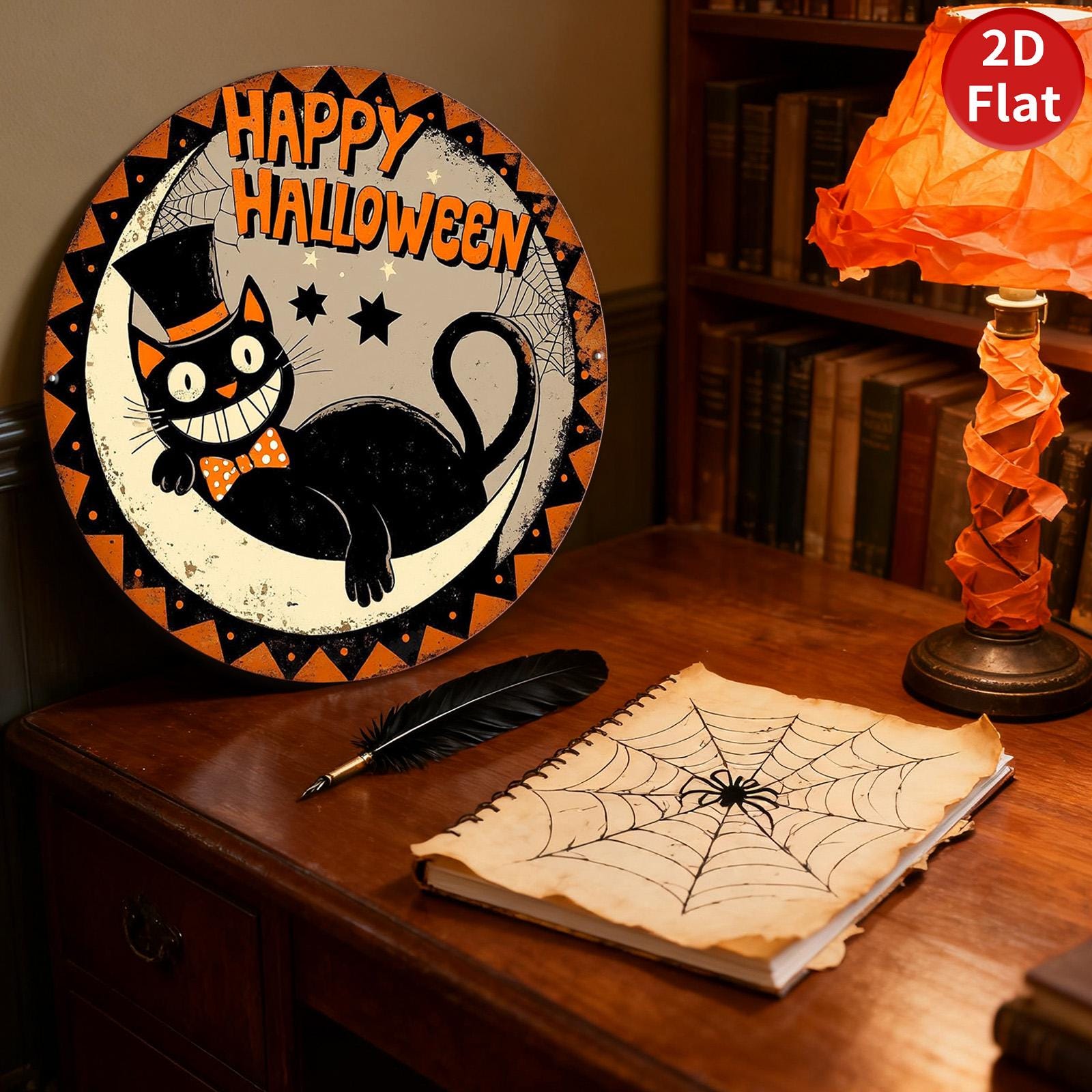 Vintage Halloween Tin Sign, Black Cat Art, Spooky Home Decor