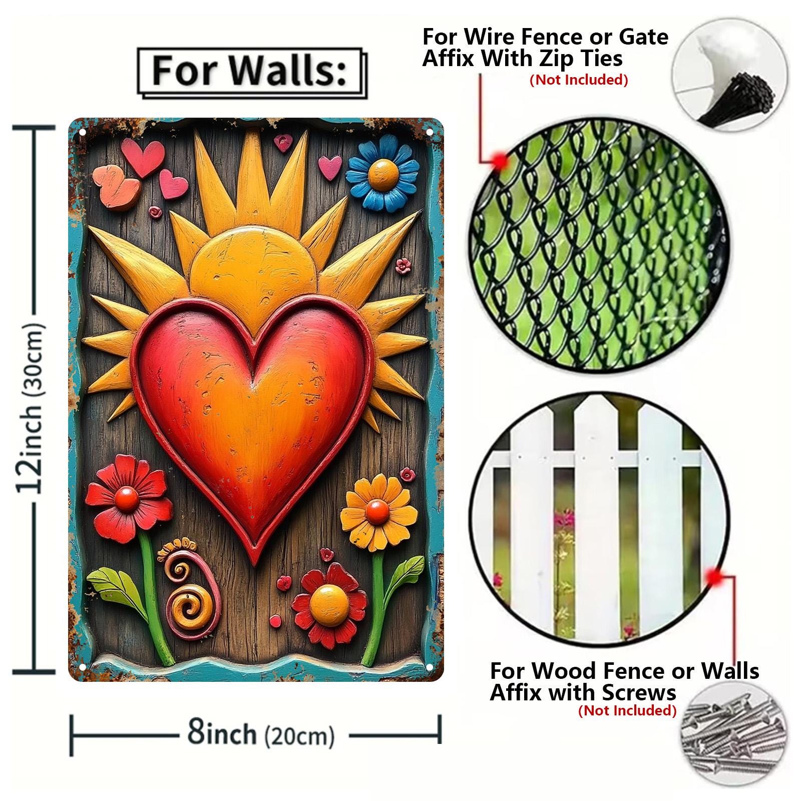 Rustic Sunflower Heart Metal Tin Sign, Floral Wall Art