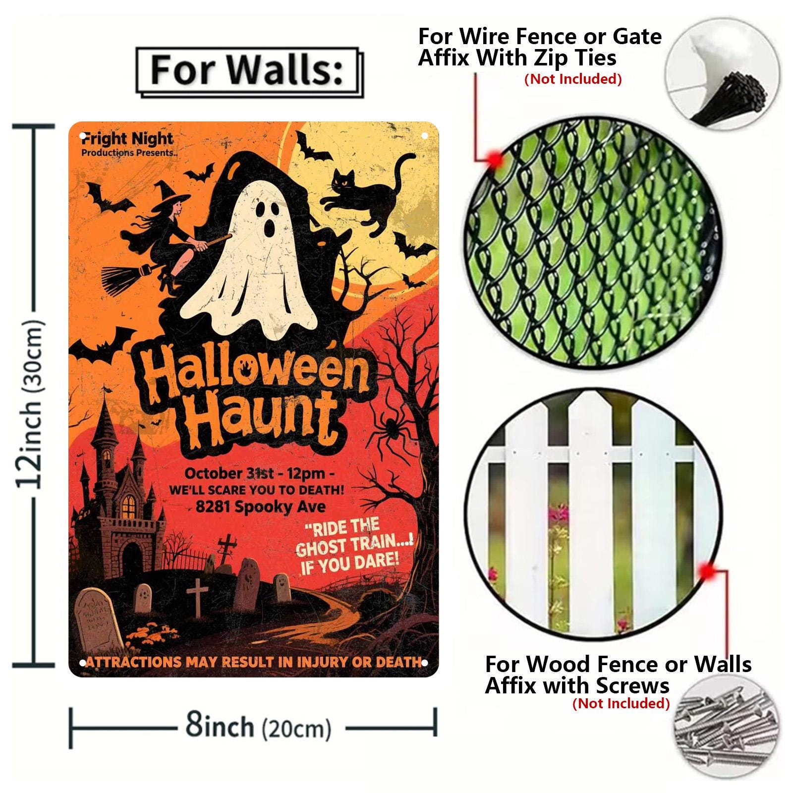 Vintage Halloween Haunt Tin Sign, Spooky Ghost & Castle Decor