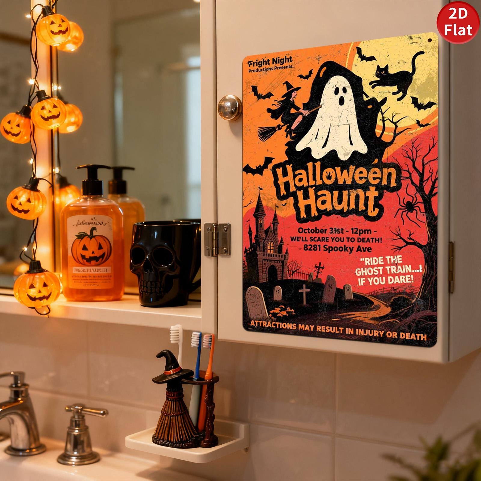 Vintage Halloween Haunt Tin Sign, Spooky Ghost & Castle Decor