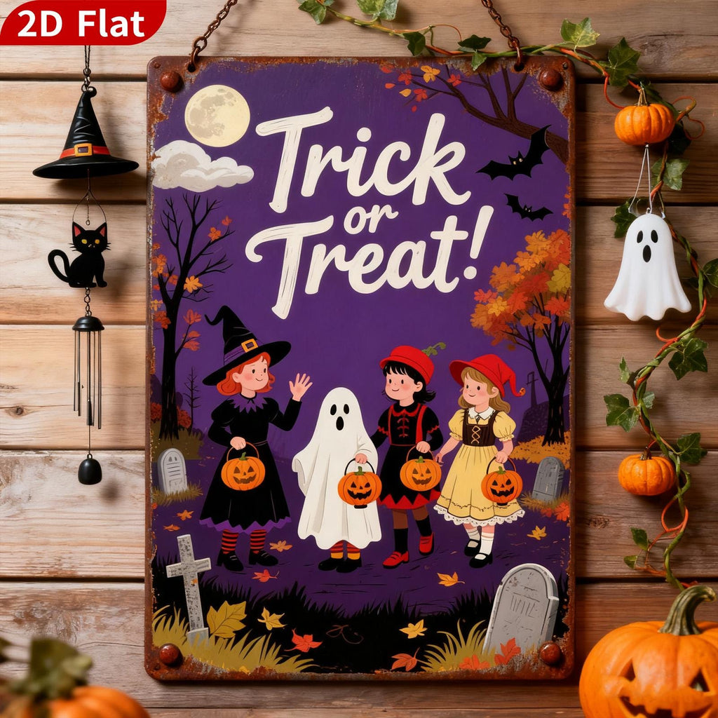 Halloween Metal Sign: Trick or Treat, Witch, Ghost, Children