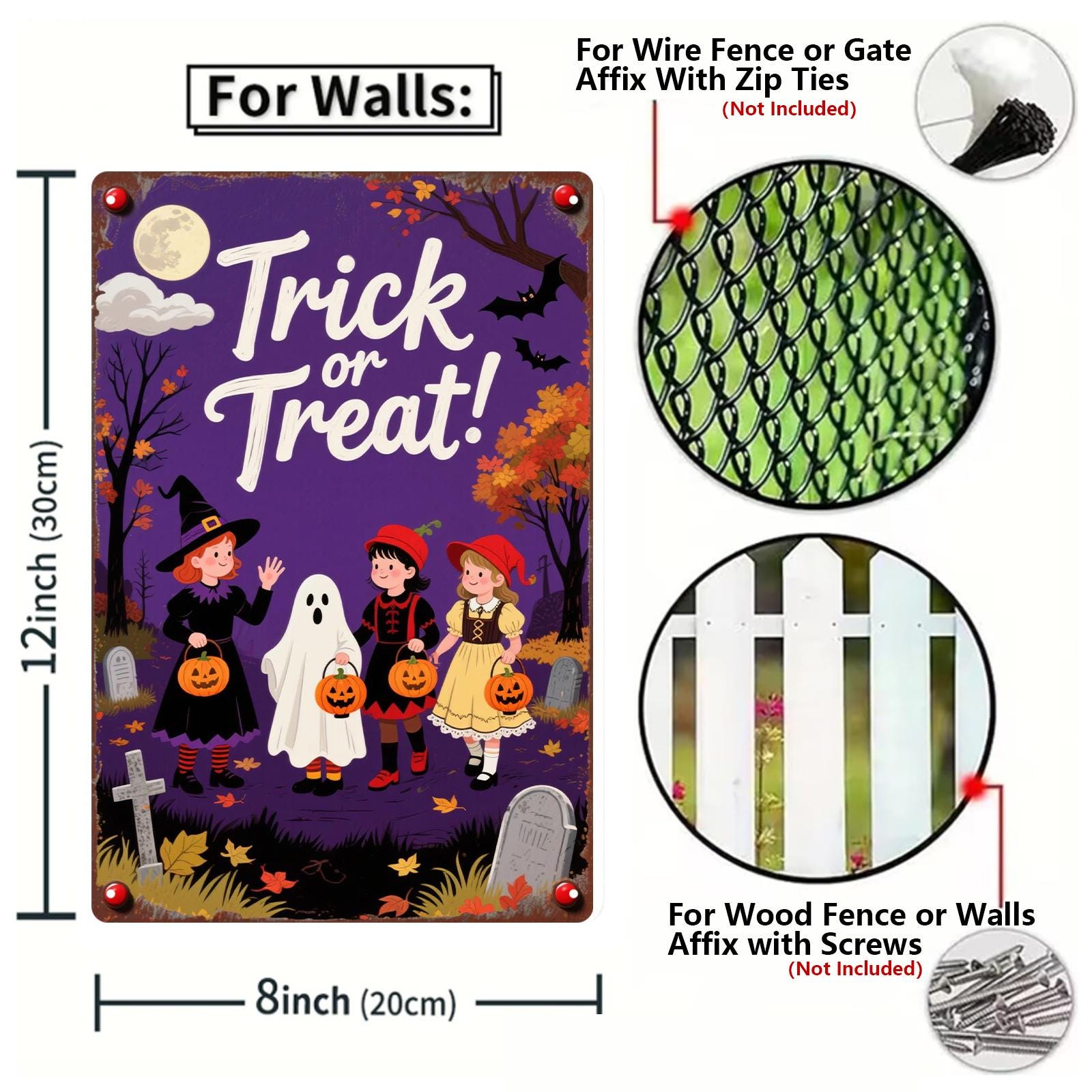 Trick or Treat Halloween Metal Sign, Witch Ghost Pumpkin Decor