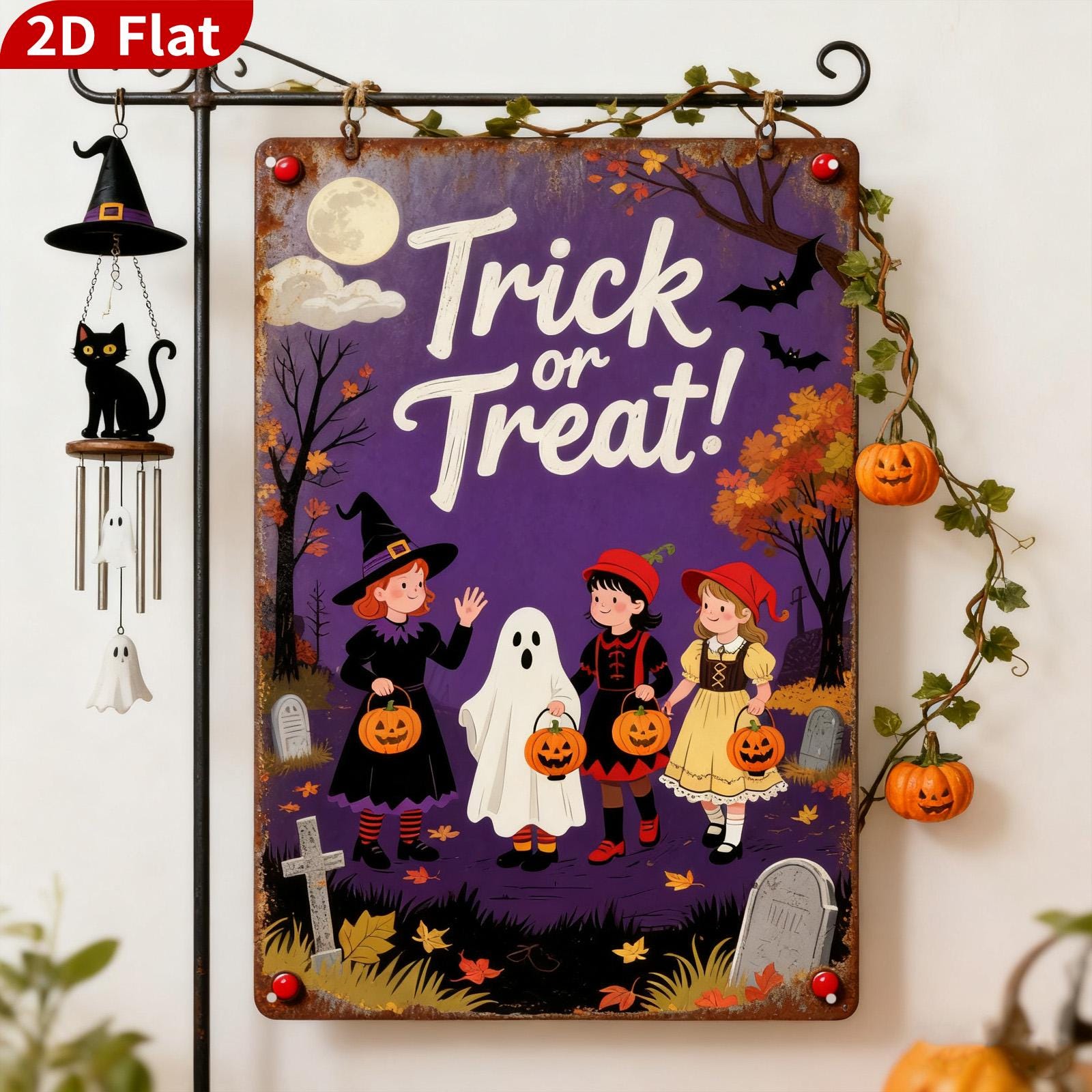 Trick or Treat Halloween Metal Sign, Witch Ghost Pumpkin Decor
