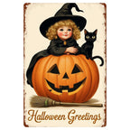 Vintage Halloween Metal Sign: Witch, Black Cat & Jack-o'-Lantern