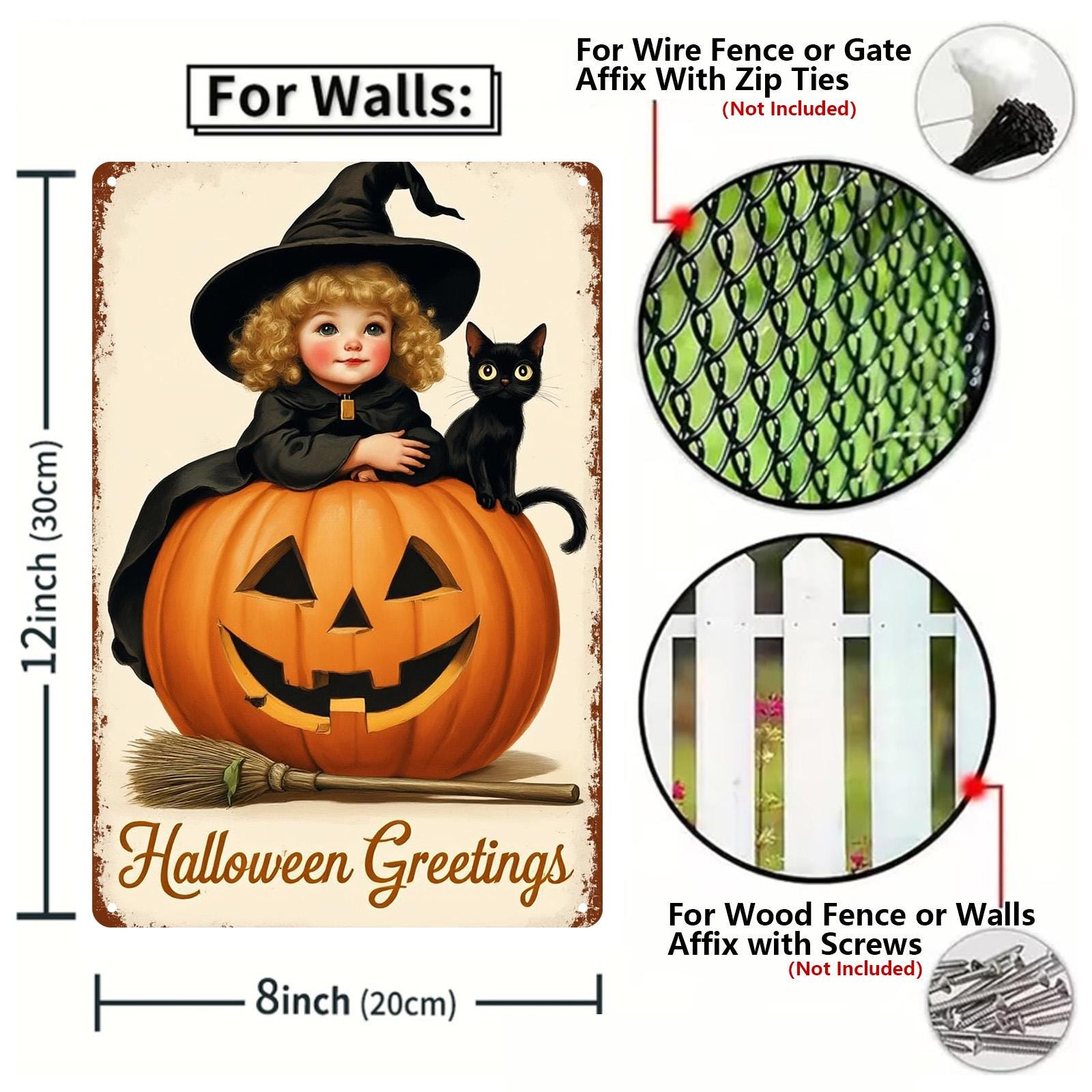 Vintage Halloween Metal Sign: Witch, Black Cat & Jack-o'-Lantern