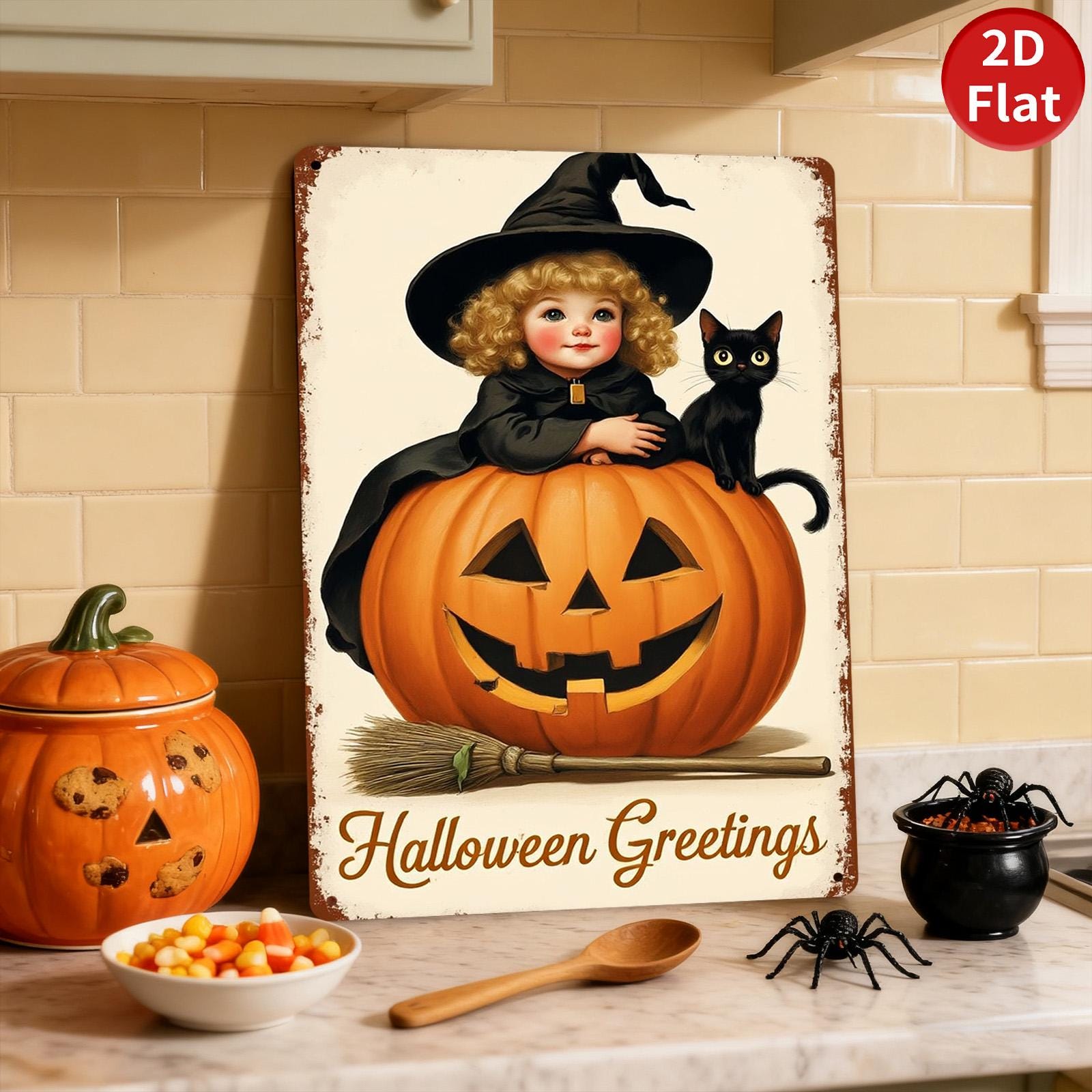 Vintage Halloween Metal Sign: Witch, Black Cat & Jack-o'-Lantern