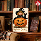 Vintage Halloween Metal Sign: Witch, Black Cat & Jack-o'-Lantern