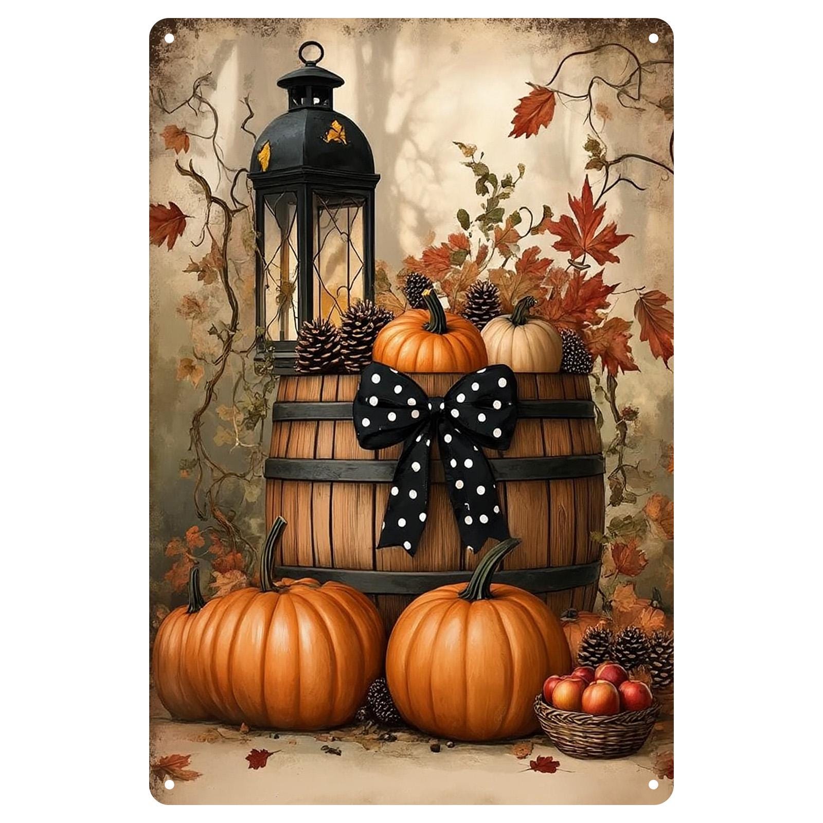Fall Pumpkin Barrel Metal Sign, Polka Dot Bow Decor