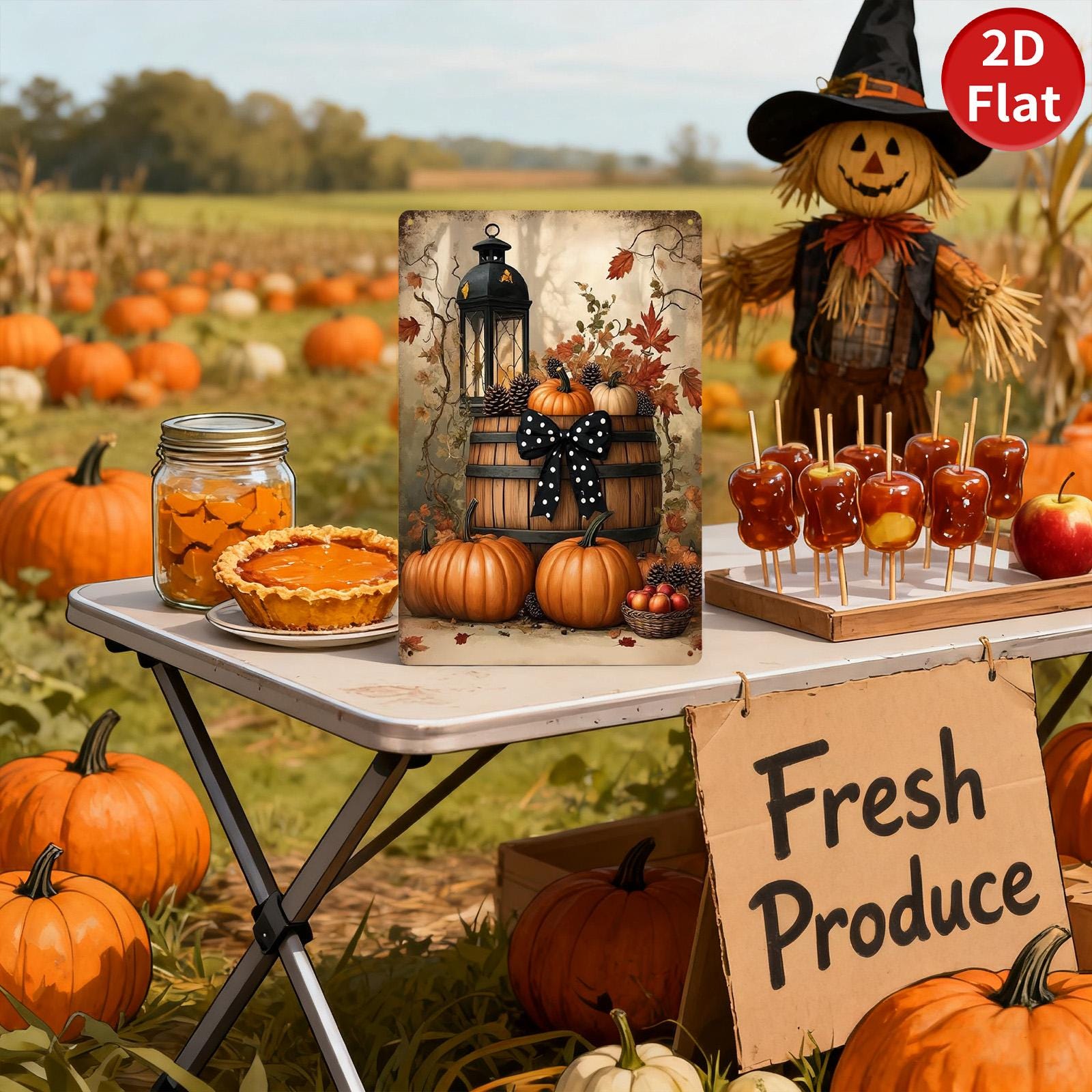 Fall Pumpkin Barrel Metal Sign, Polka Dot Bow Decor