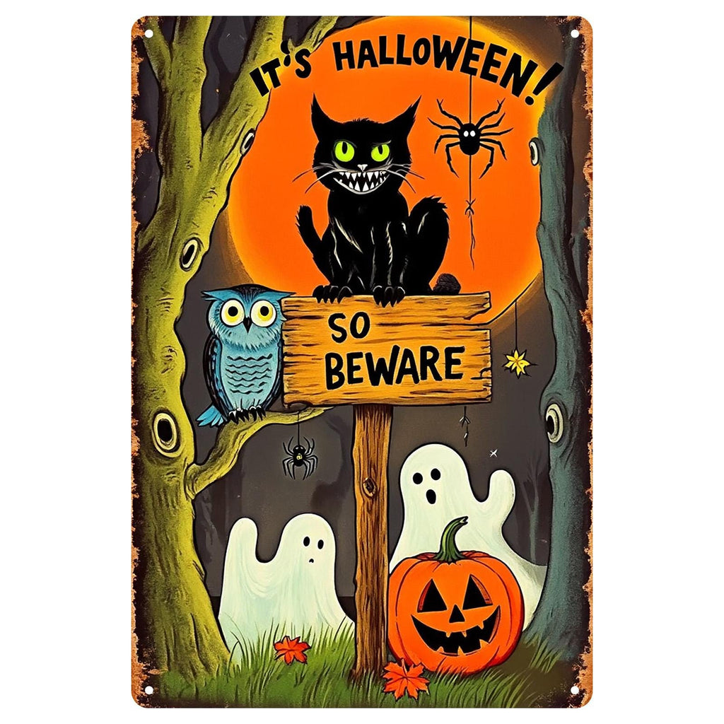 Halloween Metal Sign: Spooky Black Cat, Ghosts, and Pumpkin