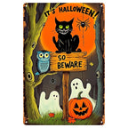 Plaque Métal Halloween | Chat Noir Effrayant, Fantômes et Citrouille