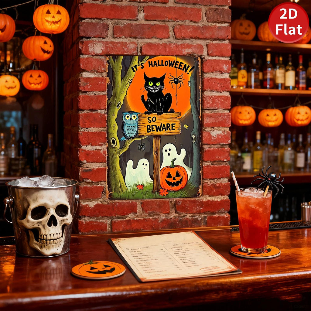 Halloween Metal Sign: Spooky Black Cat, Ghosts, and Pumpkin