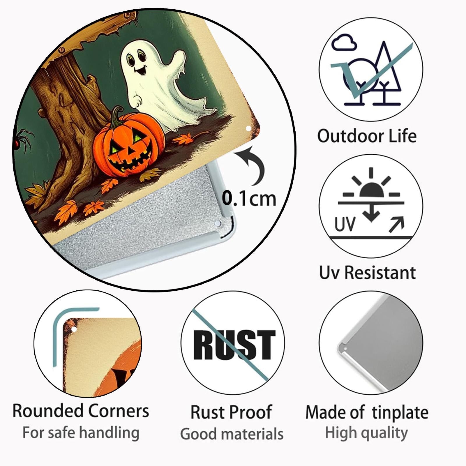 Rustic Halloween Metal Sign: Cat, Ghost, Owl, Pumpkin Decor